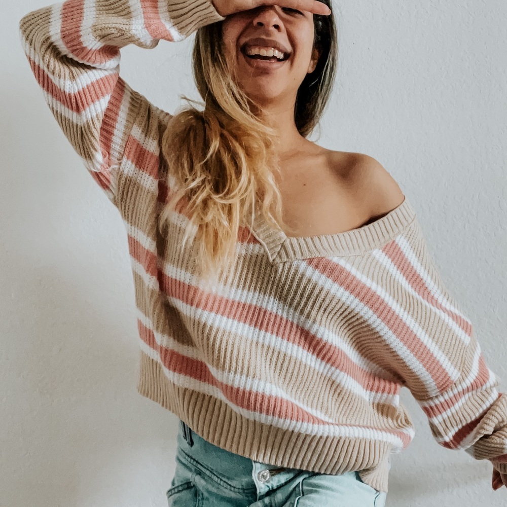 Pink Wild fable striped vneck multicolor knit sweater